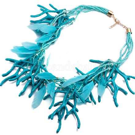 Fashion Women Jewelry Zinc Alloy Resin Branch and Feather Bib Statement Necklaces NJEW-BB15478-B-1