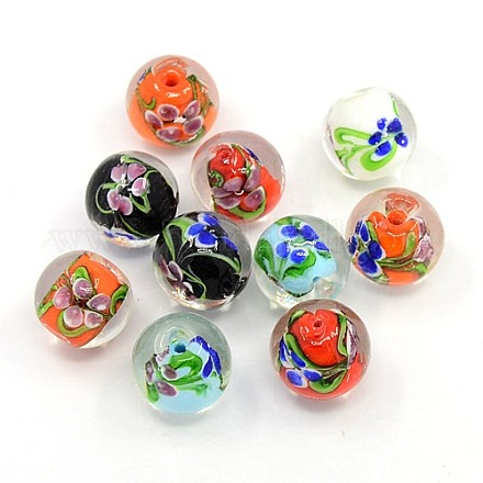 Mixed Color Round Handmade Gold Sand Lampwork Flower Beads for Nacklace Making X-D389-1