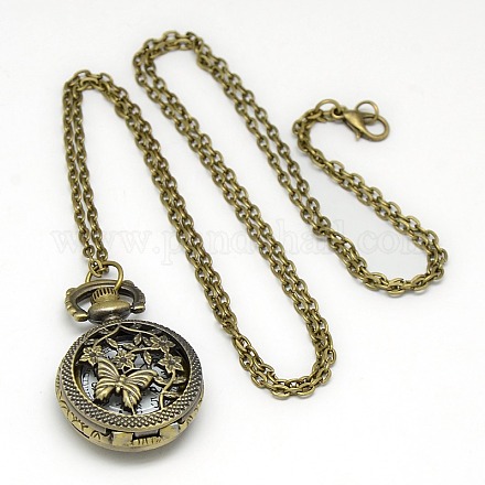 Alliage rond et plat avec fleur et papillon pendentif montre de poche collier de quartz WACH-N011-48-1