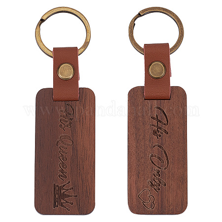 Wholesale Gorgecraft 2Pcs 2 Styles Word His Only/His Queen Engraved Wooden  with Leather Keychain 