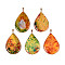 Brass Pave Dyed Natural Agate Big Pendants, Teardrop Charms, Golden, Orange, 57~61x37~39x6~8mm, Hole: 4~5x7~7.5mm