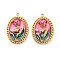 304 Stainless Steel Enamel Pendants, with Resin and ABS Imitation Pearl, Oval with Flower & Butterfly, Ion Plating(IP), Real 18K Gold Plated, Cerise, 30x21x4mm, Hole: 1.8mm
