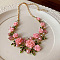 Spring Alloy Rhinestone & Plastic Pearl Rose Flower Garland Bib Necklaces for Women, Golden, Pink, 19.25 inch(48.9cm)