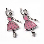 Alloy Enamel Pendants, Lead Free and Cadmium Free, Ballerina, Platinum Color, Pink, about 32mm long, 13mm wide, 2mm thick, hole: 1.5mm