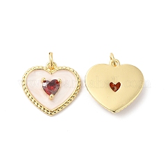 Colgantes de circonita cúbica roja micro pavé de latón, sin plomo y cadmio, con esmalte y anillo de salto, charms del corazón, real 16k chapado en oro, 16.5x17x4mm, agujero: 3.5 mm