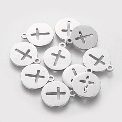 Anlaufgeschützte Anhänger aus 304 Edelstahl, flach rund mit Kreuz, Edelstahl Farbe, 14x12x1 mm, Bohrung: 1.5 mm