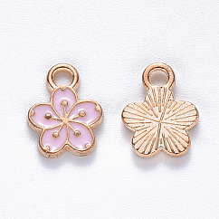 Charms del esmalte de la aleación, flor, la luz de oro, rosa, 12x9x2mm, agujero: 1.8 mm