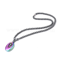 Collana pendente ovale in ematite sintetica non magnetica con catene di perline per donna&nbsp;NJEW-F307-01