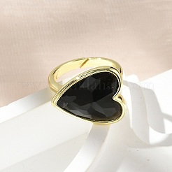 Bagues en laiton avec obsidienne naturelle en forme de cœur&nbsp;RJEW-D304-01G-G