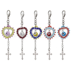 Decorazioni con ciondolo a forma di cuore con perline di vetro e lampada fatta a mano contro il malocchio&nbsp;HJEW-MZ00211