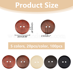 100 pieza de botones de madera de peral de 2 agujeros y 5 colores&nbsp;BUTT-HS0001-03