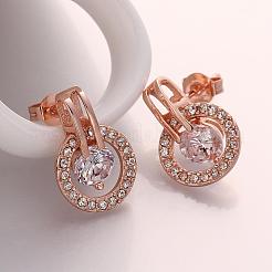 Orecchini a bottone a forma di zirconi cubici rotondi piatti in lega di stagno placcati oro rosa&nbsp;EJEW-BB08554-RG