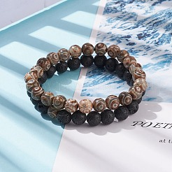 2 pièces 2 style roche de lave naturelle et agate tibétaine ensemble de bracelets extensibles perlés ronds&nbsp;BJEW-JB08312