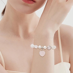 Braccialetto di fascino del cuore di quarzo rosa naturale con catene di perline di perle naturali per le donne&nbsp;BJEW-TA00255-02