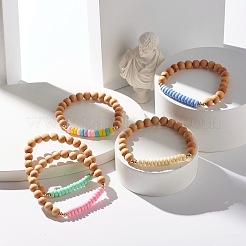Bracelets extensibles en perles rondes en bois naturel&nbsp;BJEW-JB07276