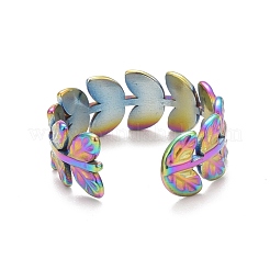 Anillo abierto con diseño de hoja de acero inoxidable 304 con revestimiento de iones (IP) en colores arcoíris para mujer&nbsp;RJEW-C025-16M
