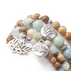 Natürliche Blumen-Amazonit- und Bild-Jaspis-Stretch-Armbandsets mit nichtmagnetischem synthetischem Hämatit&nbsp;BJEW-JB09281