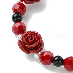 Synthetische Korallenrosenblüte & undurchsichtige Glasperlen & ABS-Kunststoff-Imitationsperlen-Stretcharmbänder für Damen&nbsp;BJEW-JB10748