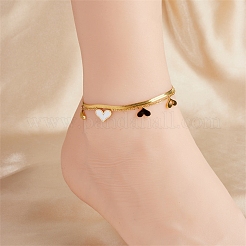 Tobilleras de doble capa con borla de corazón de acero inoxidable 304 y pavé de concha blanca natural para mujer&nbsp;FS-WGA1EFA-01
