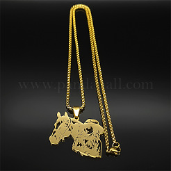 Collane con ciondolo cavo in acciaio inossidabile 201 con cavallo e cowboy per uomo e donna&nbsp;NJEW-K283-15G