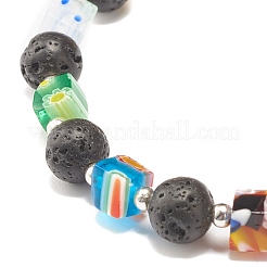 Bracciale elasticizzato in pietra lavica naturale e perle di vetro millefiori&nbsp;BJEW-JB07489