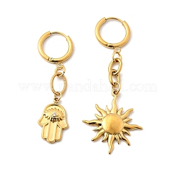 Orecchini a cerchio in acciaio inossidabile 304 con micro pavé di zirconi cubici trasparenti e sole e palma&nbsp;EJEW-B140-09G