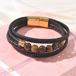 Geflochtene Mikrofaser-Lederkordel & mehrsträngige Armbänder aus natürlichem Tigerauge&nbsp;BJEW-C153-01H