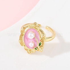 Anelli polsino in ottone con perla e smalto rosa a forma di fiore&nbsp;RJEW-C139-18A-G