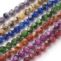 Natürliche Sesam Jaspis / Kiwi Jaspis Perlen Stränge, sternförmige runde Perlen, gefärbt, facettiert, Mischfarbe, 7~8 mm, Bohrung: 1 mm, ca. 47~48 Stk. / Strang, 14.5 Zoll ~ 15 Zoll (37~38 cm)