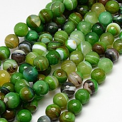 Natural Striped Agate/Banded Agate Beads Strands, Faceted, Dyed, Round, Lime Green, 10mm, Hole: 1.2mm