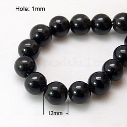 Chapelets de perles en pierre noire synthétique, teinte, ronde, noir, 12mm, Trou: 1mm, Environ 16 pcs/chapelet, 7.8 pouce