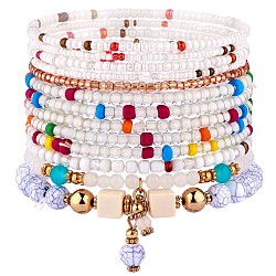 11шт бохо бисер стрейч браслеты набор, многослойные составные браслеты, красочные браслеты с серферами из бисера для женщин, белые, внутренний диаметр: 1-3/4~2-1/8 дюйм (4.5~5.5 см)