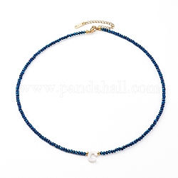 (Jewelry Parties Factory Sale)Natural Shell Letter Pendant Necklaces, Initial Necklaces, with Faceted Electroplate Glass Beads and 304 Stainless Steel Beads, Golden, Blue, Letter.C, 17.83 inch(45.3cm)