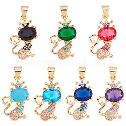SUPERFINDINGS 7Pcs 7 Colors Brass Micro Pave Cubic Zirconia Pendants, Real 18K Gold Plated, Cat, Mixed Color, 26.5x13x5mm, Hole: 4X3.5mm, 1pc/color