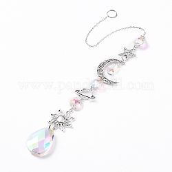 AB Color Plated Crystal Teardrop Big Pendant Decorations, Hanging Sun Catchers, with Iron Findings & Alloy Pendants, Moon & Star & Sun, Clear AB, 365mm, Pendant: 210x35x10mm