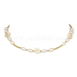 Shell Pearl Flower & Alloy Round Beaded Necklace, Golden, 16.30 inch(41.4cm)