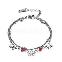 304 Stainless Steel Multi-strand Bracelets, with Round Lampwork Beads and Lobster Claw Clasps, Butterfly, Stainless Steel Color, 6-3/4 inch(17cm)