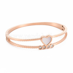 Bracelet jonc coeur coquillage naturel avec strass, bracelet articulé en acier inoxydable pour femme, or rose, diamètre intérieur: 2x2-1/4 pouce (5x5.7 cm)