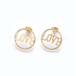 304 Stainless Steel Stud Earrings, Hypoallergenic Earrings, Flat Round with Word Love, Golden, 18x2mm, Pin: 0.8mm