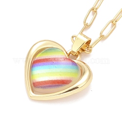 Rainbow Color Pride Necklace, Glass Heart Pendant Necklace with Alloy Paperclip Chain for Women, Golden, 18.5 inch (47cm)