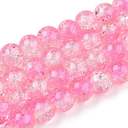 Chapelets de perles en verre craquelé peint, deux tons, ronde, rose chaud, 8mm, Trou: 1.3~1.6mm, Environ 100 pcs/chapelet, 31.4 pouce.