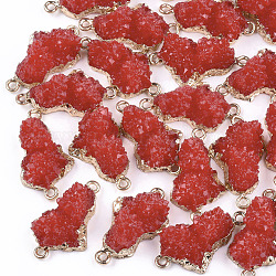 Connecteurs de liens de résine druzy galvanoplastie, avec les accessoires en fer, pépites, or clair, rouge, 28~29x15.5~16x9~10mm, Trou: 1mm