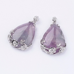 Teardrop with Flower Platinum Plated Brass Natural Amethyst Pendants, Cadmium Free & Lead Free, 38x27x9mm, Hole: 4x7.5mm