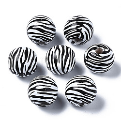 Painted Natural Wood European Beads, Large Hole Beads, Printed, Round with Zebra-Stripe, Black, 16x15mm, Hole: 4mm