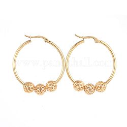 304 Stainless Steel Hoop Earrings, with Real 18K Gold Plated Brass Hollow Round Beads, Golden, 37.5x34x2~7.5mm, Pin: 1x0.5mm