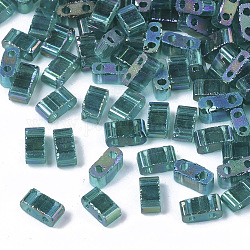 2-Hole Transparent Glass Seed Beads, AB Colours, Rectangle, Teal, 4.5~5.5x2~2.5x2~2.5mm, Hole: 0.7mm
