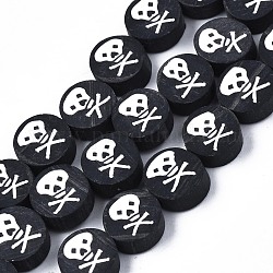 Chapelets de perle en pâte polymère manuel, style d'halloween, plat rond avec le crâne, noir, 9x4mm, Trou: 1.2mm, Environ 40 pcs/chapelet, 14.96 pouce (38 cm)