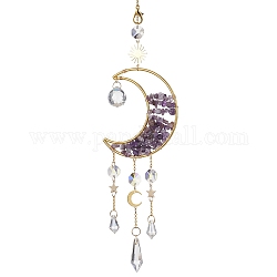 Wire Wrapped Natural Amethyst Chip & Brass Moon Pendant Decorations, with Glass Cone Charms, for Home Decorations, 420mm