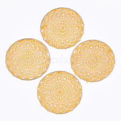 Decoraciones colgantes tejidas de polialgodón (algodón poliéster), con fornituras de latón, plano y redondo con flor, la luz de oro, oro, 50x1mm