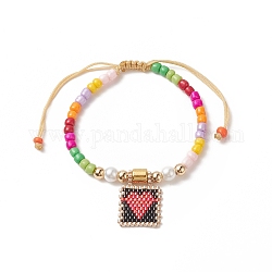Braccialetto di perline intrecciate con semi di vetro, braccialetto rettangolare con ciondolo a forma di cuore da donna, nero, diametro interno: 2~3-1/8 pollice (5~8 cm)
